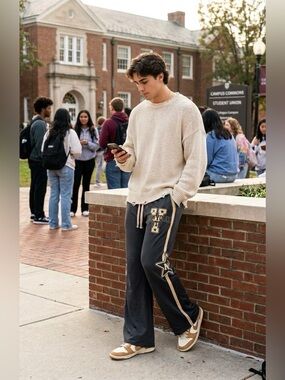 MANFINITY Roghcode letter- and star-print contrast-striped wide-leg sweatpants
